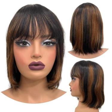 Imagem de Peruca humana curta bob franja 25cm com lace no topo natural - LIONSWI