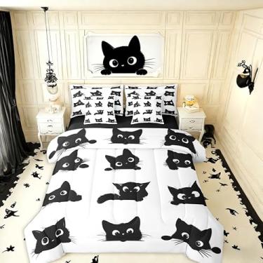 Imagem de Erosebridal Jogo de cama casal de 7 peças de gato fofo para crianças, meninos e meninas (preto e branco) - Conjunto de edredom engraçado de gatos pretos com desenho animado de gatinho com lençóis