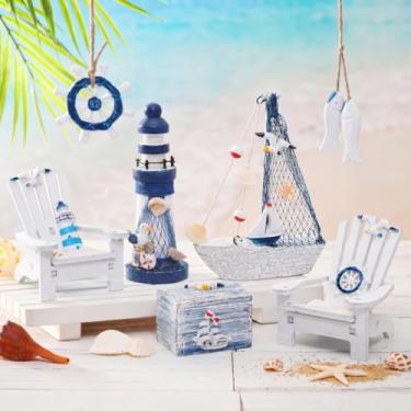 Imagem de 7 peças Adirondack cadeira de praia caixa de madeira farol de madeira mini barco a vela âncora peixe de madeira pendurado modelo estrela do mar ornamento de árvore de natal decoração de aquário decoração de aquário ornamento de paisagem de aquário
