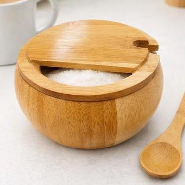 Imagem de Porta Açúcar Bambu Açucareiro Colher Pote Mantimento Organizador Café 