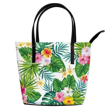 Imagem de Bolsa de ombro para mulheres tropicais com folhas de palmeira e flores de couro, bolsa de trabalho grande casual