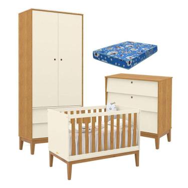 Imagem de Quarto de Bebe Unique 2 Portas com Cômoda Gaveteiro Off White Freijó Eco Wood e Colchão Ortobom - Matic