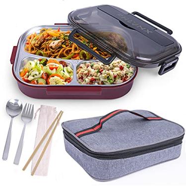 Imagem de PHYNX Bento Box – Lancheira japonesa à prova de vazamento com três compartimentos, caixa Bento de aço inoxidável, colher e garfo, bolsa de transporte isolada e pauzinhos de bambu reutilizáveis