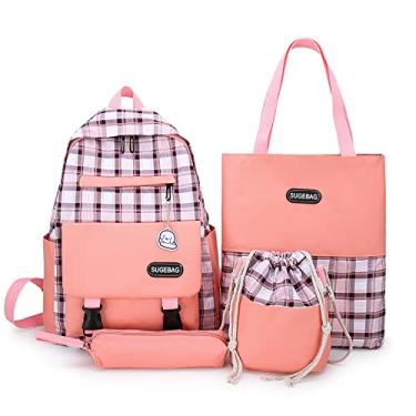 Imagem de Mochila universitária com bolsa, bolsa de moedas, estojo de lápis conjunto de 4 peças mochila de lona para laptop vários bolsos mochila Harajuku, rosa, 40 x 29 cm