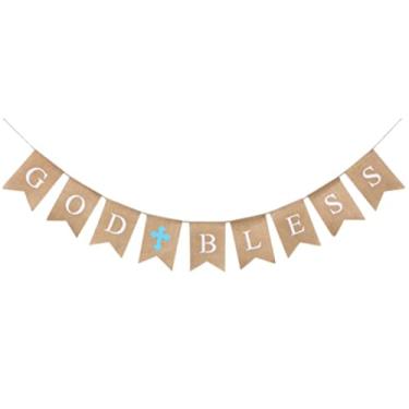 Imagem de Shimmer Anna Shine Faixa de juta God Bless para decoração de batismo de bebê menina menino batismo primeira comunhão confirmação chá de bebê casamento festa de aniversário adereços de foto (azul)