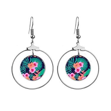 Imagem de Brincos de flor com folha de céu azul com argola pendurada, joia circular