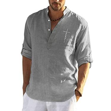 Imagem de Camisa masculina Jueshanzj casual de algodão e linho, cor lisa, manga longa, ajuste solto, gola mandarim, Cinza, X-Large
