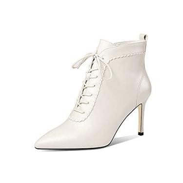 Imagem de TinaCus Botas femininas de couro genuíno sexy salto agulha feitas à mão com zíper e bico fino com design selftie, Off-white, 34