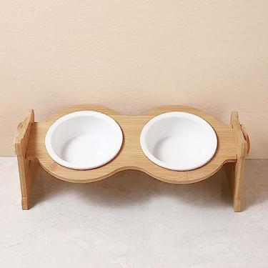 Imagem de Tigelas elevadas de cerâmica para gatos e cães – inclinadas 15 graus para comer e beber confortáveis – Adequado para gatos, cães pequenos e médios (tigela dupla grande + moldura de bambu)