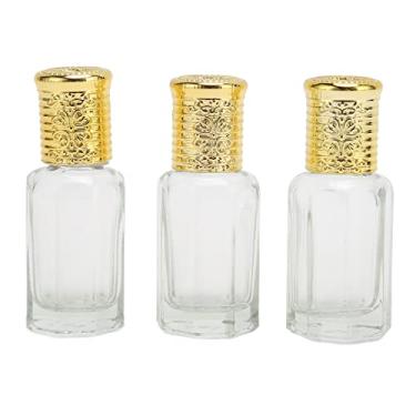 Imagem de 3 frascos de perfume recarregáveis, frasco de spray atomizador de perfume vazio de vidro transparente de 10 ml com capa dourada para viagens