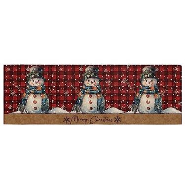 Imagem de Tapete de corredor de cozinha, Feliz Natal boneco de neve vermelho preto xadrez floco de neve inverno antiderrapante corredor tapete tapete de porta tapete para lavanderia cabeceira banheiro quarto 49,7 cm x 163 cm