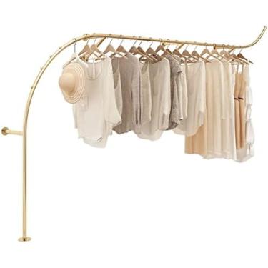 Imagem de Prateleiras De Exibição De Loja De Roupas Boutique Montadas Na Parede, Prateleiras De Exibição De Roupas Comerciais De Lojas De Varejo De Metal Moderno, Cabides De Ouro, Hastes Para Pendurar Em Ar