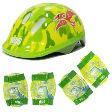 Imagem de Kit Proteção Infantil Dinossauros Capacete (52-56cm) com Joelheira e Cotoveleira Verde
