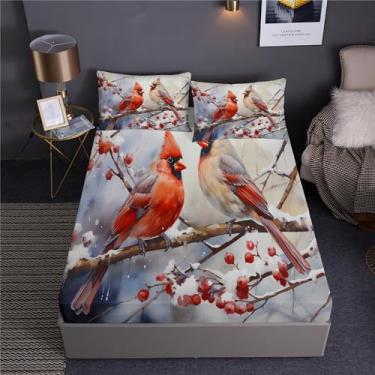 Imagem de Jogo de cama com estampa de pássaros cardeais, cama em um saco, 7 peças, lindo North Special Birds, incluindo 1 lençol com elástico + 1 edredom + 4 fronhas + 1 lençol de cima (B, cama de solteiro em