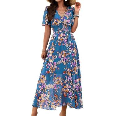 Imagem de Vestido Longo Estampado Com Decote Em V Feminino, Vestido Estampado Com Decote Em V, Cintura Franzida, Manga Curta, Moda Feminina para o Verão (XL)