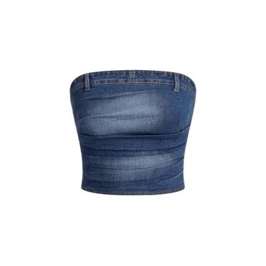 Imagem de Milumia Top feminino franzido jeans com zíper nas costas sem alças bandeau jeans cropped tops, Azul, PP