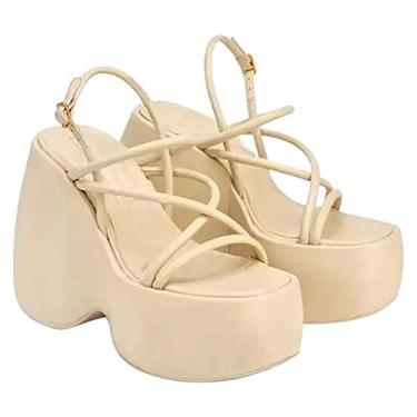 Imagem de CsgrFagr Sapatos femininos plataforma alta com sandálias sensuais inclinação com alça fina tira aberta dedo do pé sapatos romanos sandálias femininas 8, Bege, 7.5