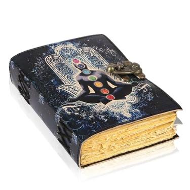 Imagem de TUZECH Livro de feitiços de couro encadernado diário com borda de baralho Grimório impresso diário de bruxaria de terceiro olho e caderno de feitiços de bruxa antigo livro vintage para homens e