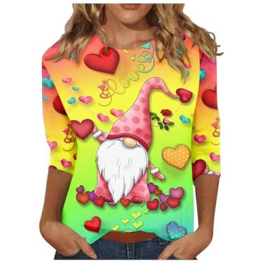 Imagem de Elogoog Camiseta feminina para dia dos namorados casual com estampa de coração de amor cinza camiseta manga 3/4 regular blusa básica para sair, Amarelo #2, P