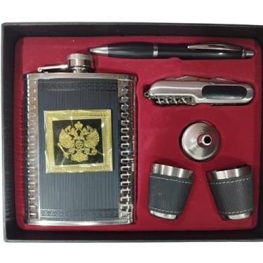 Imagem de Kit Cantil de Bolso Inox Porta Bebida Whisky Vodca 8oz 236ml Com Dois Copos Mini Funil Caneta Canivete Saca Rolha