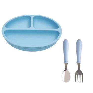 Imagem de Kit Prato Divisoria Silicone C/ Estojo Aço Inox Colher Garfo