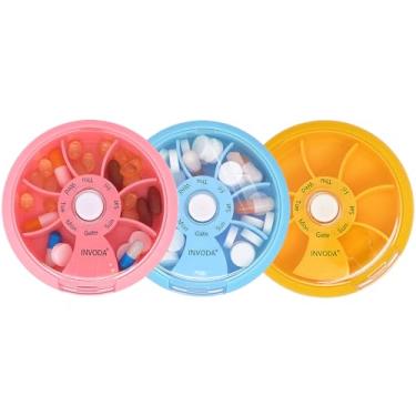 Imagem de Caixa de comprimidos com 3 unidades, organizador de medicamentos para viagem de 7 dias, recipiente portátil giratório semanal para comprimidos, estojo redondo e bonito, suporte de vitaminas de óleo de