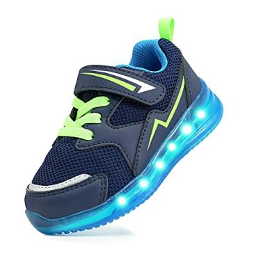 Imagem de YESKIS Tênis de caminhada infantil para meninos e meninas com luzes de LED, malha respirável, Tênis azul escuro, 7 Toddler