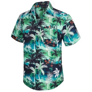 Imagem de Camisa masculina havaiana manga curta floral tropical Aloha camisa casual verão abotoado férias praia camisa com bolso, 20-verde/folhas de palmeira, G