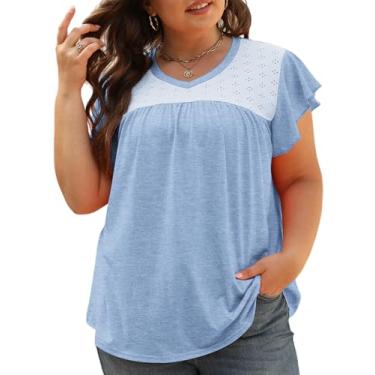 Imagem de VISLILY Camisetas plus size femininas de verão gola V blusas com babados e manga cavada, túnica plissada, casual, ilhós, 03_azul roxo, 3G