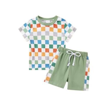 Imagem de Usaibhir Roupas para bebês meninos roupas de verão patchwork xadrez camiseta e shorts para meninos 1t 2t 3t 4t 5t, Tabuleiro de xadrez colorido, 3-4 T