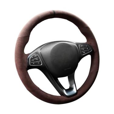 Imagem de Alfanxi Costura à mão Itália Alcantara Capa para volante de carro envoltório para Mercedes-Benz E-Class/GLE/GLS/Metris (Alcântara marrom + Listra preta)