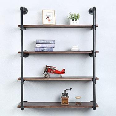 Imagem de Prateleiras de tubos industriais montadas na parede, prateleiras flutuantes de metal rústico de 91,44 cm, prateleiras de livros de madeira real Steampunk, prateleiras de parede para pendurar na estante, prateleiras de cozinha de fazenda (4 andares)