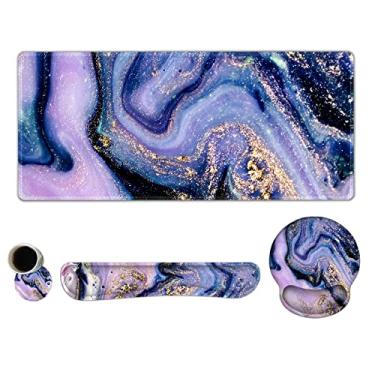 Imagem de ARTSO Mouse pad grande ergonômico teclado apoio apoio de pulso combo, almofada de pulso de gel de espuma de memória, protetor de tapete de mesa estendido, borrão de mesa antiderrapante, mármore roxo