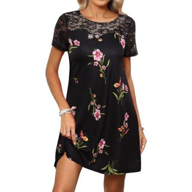Imagem de Duppoly Vestidos de renda para mulheres 2024 casual verão camiseta vestido solto floral mini camiseta vestido, Preto F65, M