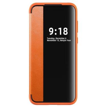 Imagem de HAZARA Capa de couro para Huawei Pura 70 Ultra/70 Pro/70 Pro+/70, Flip S-View Clear Window Cover Book Folio Protective Phone Case Estilo de Negócios, Laranja, 70 Ultra