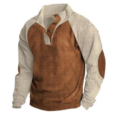 Imagem de JMMSlmax Suéter masculino casual elegante outono vintage remendo cotovelo veludo cotelê jaqueta camisa Henley camisas ocidentais, A9-cáqui, GG