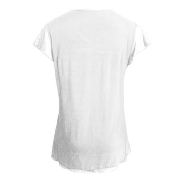 Imagem de Camisetas femininas de manga curta, casual, gola V, confortável, macia, de malha de camada dupla, camiseta de manga comprida, Branco, GG