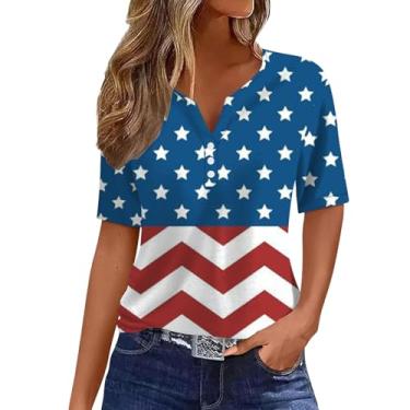 Imagem de Camisetas femininas com bandeira americana 4th of July Star Stripe Tops Patriotic Button Graphic Vintage Fashion Tunics Blusas, Azul marino, G
