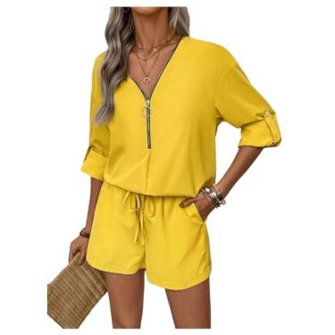 Imagem de SOLY HUX Conjunto curto de verão feminino, blusa de manga comprida com meio zíper, blusa e shorts, roupas de duas peças para férias, Amarelo liso, G