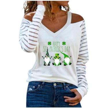 Imagem de Nagub Camiseta feminina do Dia de São Patrício, manga comprida, gola V, estampa trevo, ombros de fora, plus size, camisas modernas, túnicas 2024, Gnomo fofo, 3G