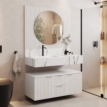 Imagem de Conjunto Para Banheiro Bancada Em Porcelanato Com Cuba Esculpida, Armário e Espelho Ripy 100cm Branco