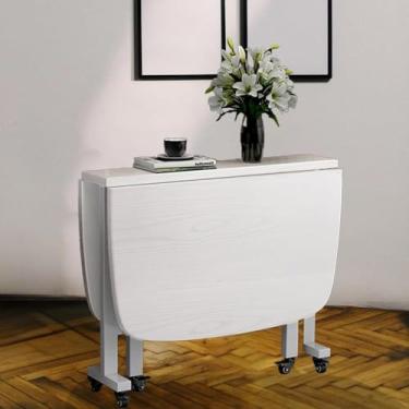 Imagem de Mesa de jantar dobrável que economiza espaço Mesa extensível retangular de madeira com 6 rodas universais Mesa de cozinha em folha suspensa Design de borda redonda para motorhome pequenos es