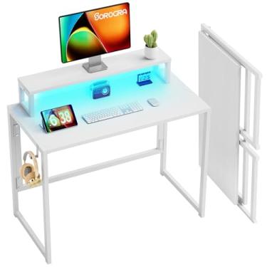 Imagem de SOROGRA Mesa Dobrável Pequena de 81,5 cm, Mesa Portátil de Trabalho com Luzes LED e Suporte para Monitor, para Quarto, Casa, Escritório, Branca