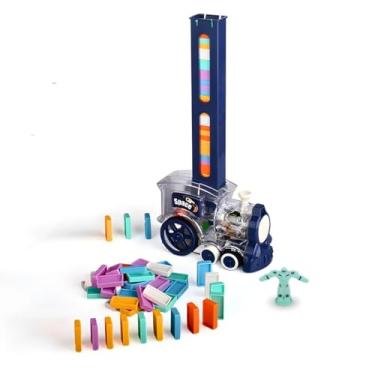 Imagem de Trem Dominó Colorido Com Som e Iluminação LED Para Crianças, vem com 60 dominós, estimula o desenvolvimento cognitivo. Experiência de jogo divertida e educativa, crianças acima 3 anos.