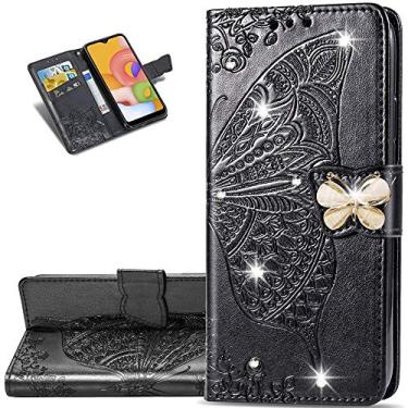 Imagem de LEMAXELERS Capa Xiaomi Poco X3 NFC Bling Diamond Butterfly Embossed Wallet Flip PU Leather Magnetic Card Slots com suporte para Xiaomi Poco X3 NFC Diamond Butterfly Black SD