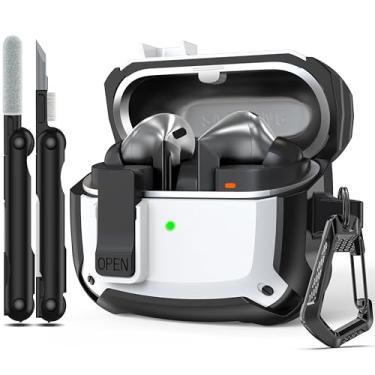 Imagem de RFUNGUANGO Compatível com Samsung Galaxy Buds3/Galaxy Buds3 Pro (2024) com fecho de bloqueio, capa de fone de ouvido à prova de quedas de grau militar com fivela de caminhada e kit de limpeza - branca