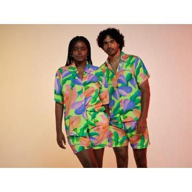 Imagem de Camisa Vista Magalu x Flora Yumi Viscose Estampada, Amarelo e Rosa, G