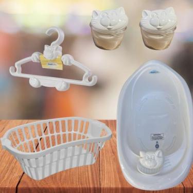 Imagem de Cabide 6 pç bebe banheira 22 l cesto telado de roupa lixeira - Plastbr