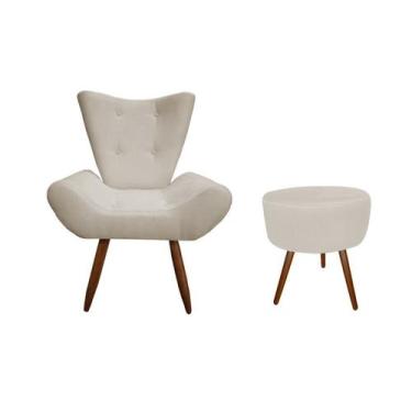 Imagem de Kit Poltrona Decorativa Emilia + Puff Redondo Suede Bege Pés Madeira M