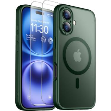 Imagem de SPIDERCASE Capa magnética para iPhone 16 Plus, com 2 peças [protetor de tela de vidro temperado] Capa protetora fina à prova de choque translúcida fosca traseira para iPhone 16 Plus de 6,7 polegadas